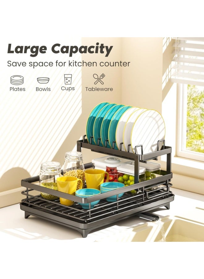 إينابايت رف تجفيف الأطباق المقاوم للصدأ مزدوج الطبقات الأسود، قابل للتعديل والإزالة لتوفير المساحة على منضدةحوض المطبخ - Image 1